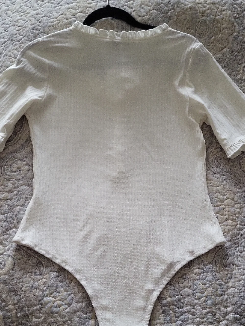 Hayden Cream Ribbed Button-Front Ruffle-Trim Bodysuit - Picture 3 of 5